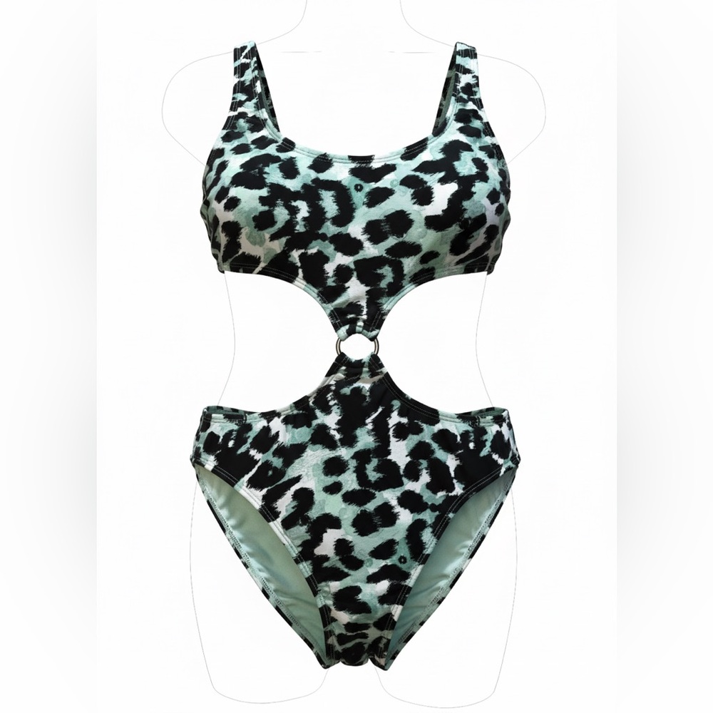 Salt + Cove mint green black Leopard Print Cutout One‎ Piece Swimsuit size Small